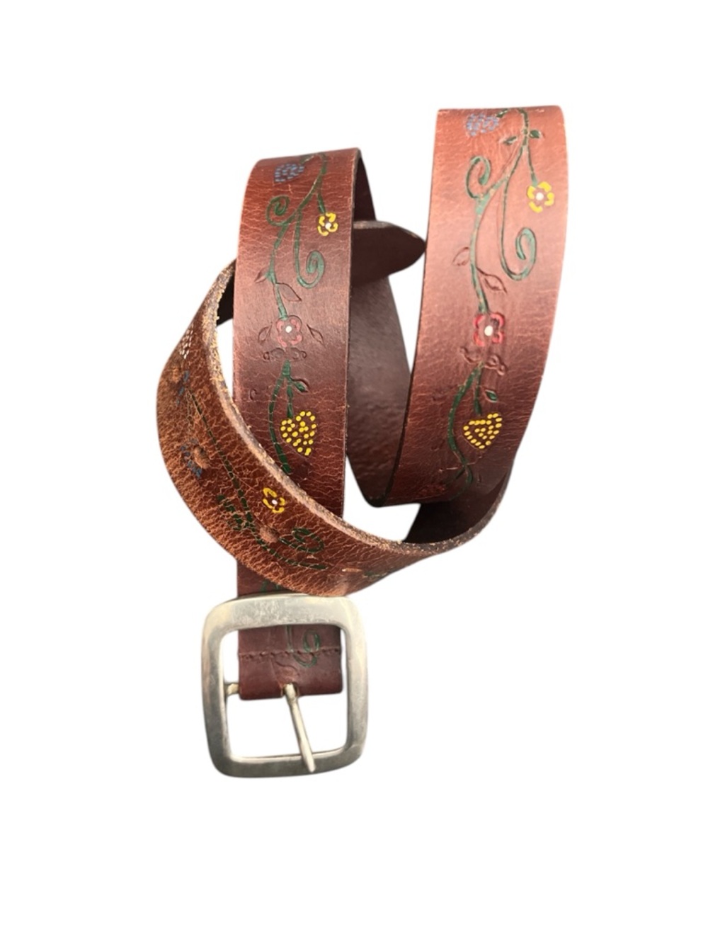 Amiee Lynn Hand-Painted Floral Brown Boho Leather Belt for Women Size M/L